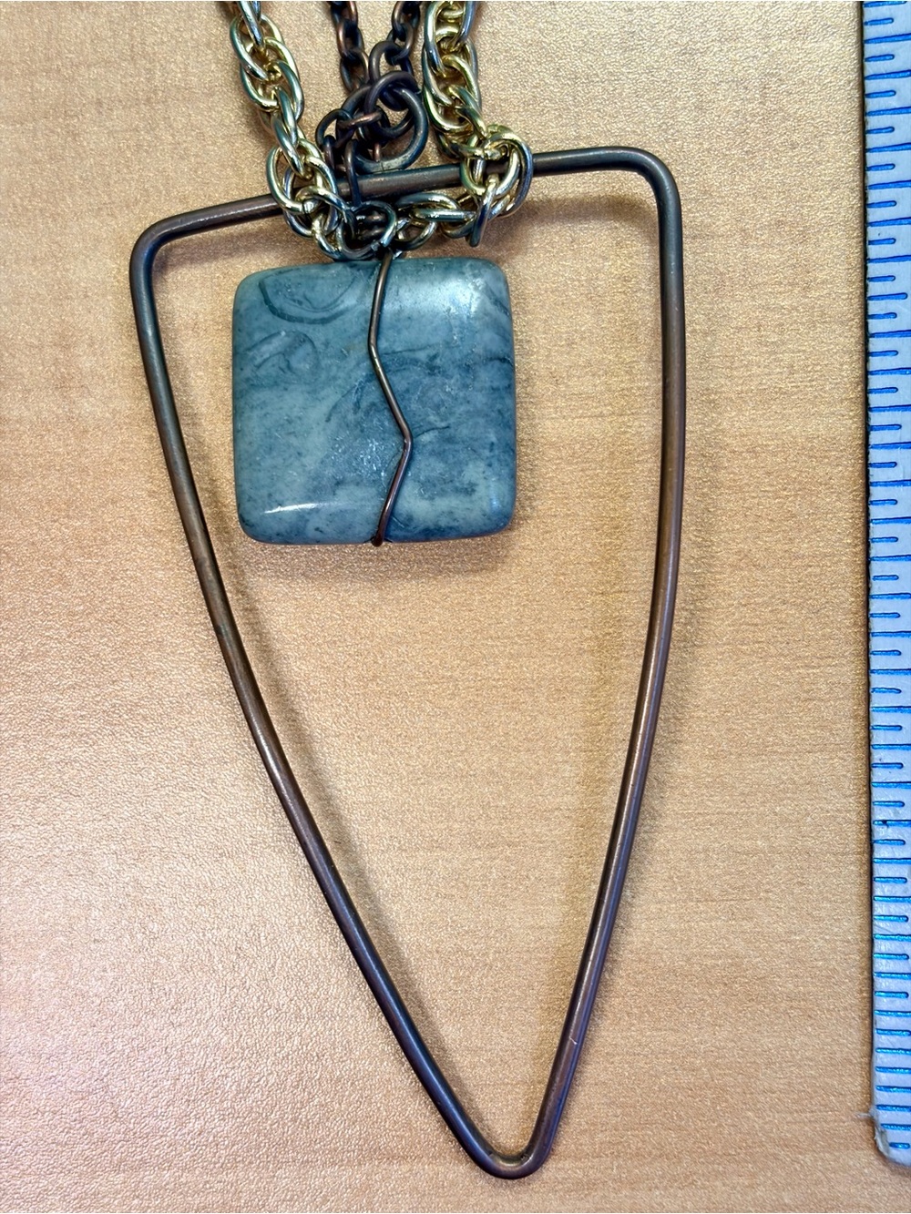 Artisan Mixed Metal, Wire Wrapped Geometric Stone Pendant and Necklace